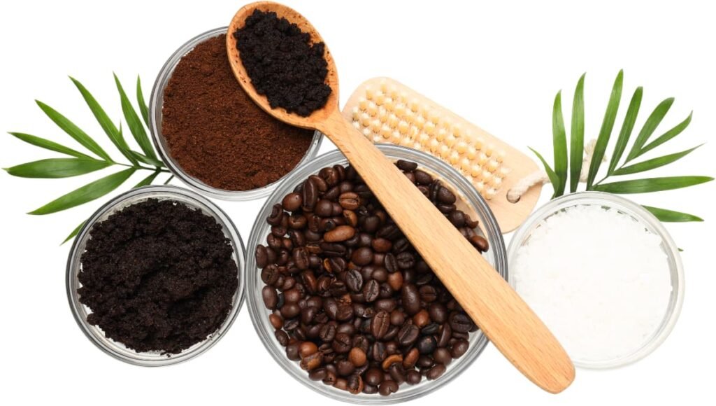 Coffee and Coconut Oil Natural Scrub Mask with coffee beans, ground coffee, coconut flakes, and exfoliating brush for DIY skincare.